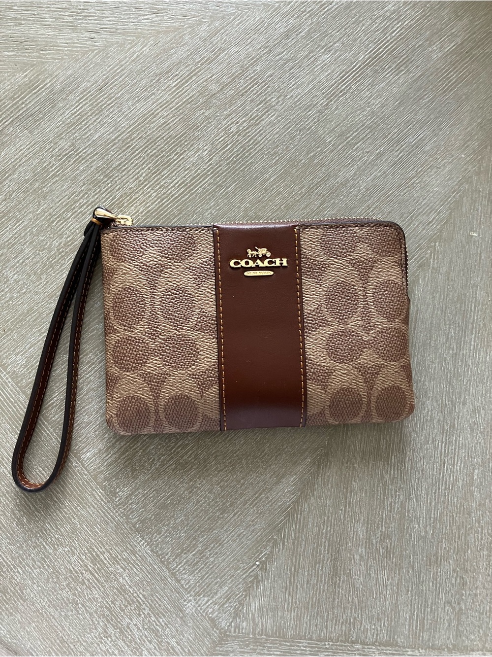 Coach Brown Signature Canvas Wristlet with Leather Center Panel